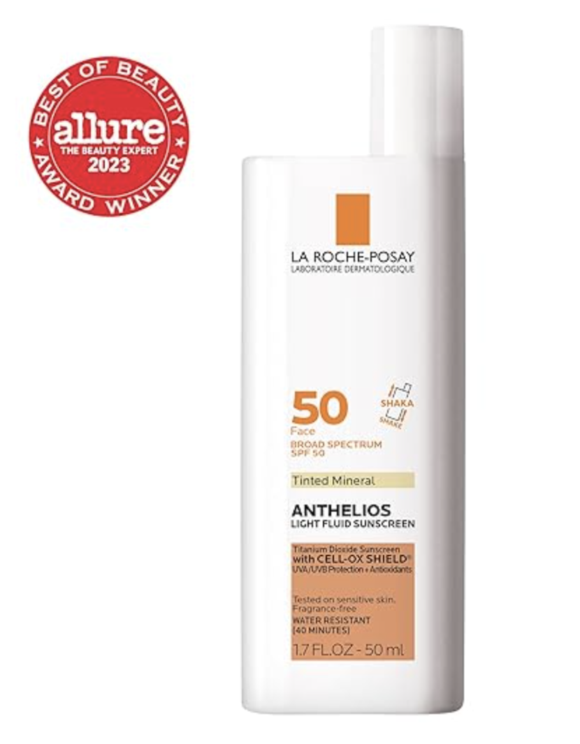 La Roche-Posay Anthelios Mineral Tinted Sunscreen SPF 50 in a white and orange bottle.